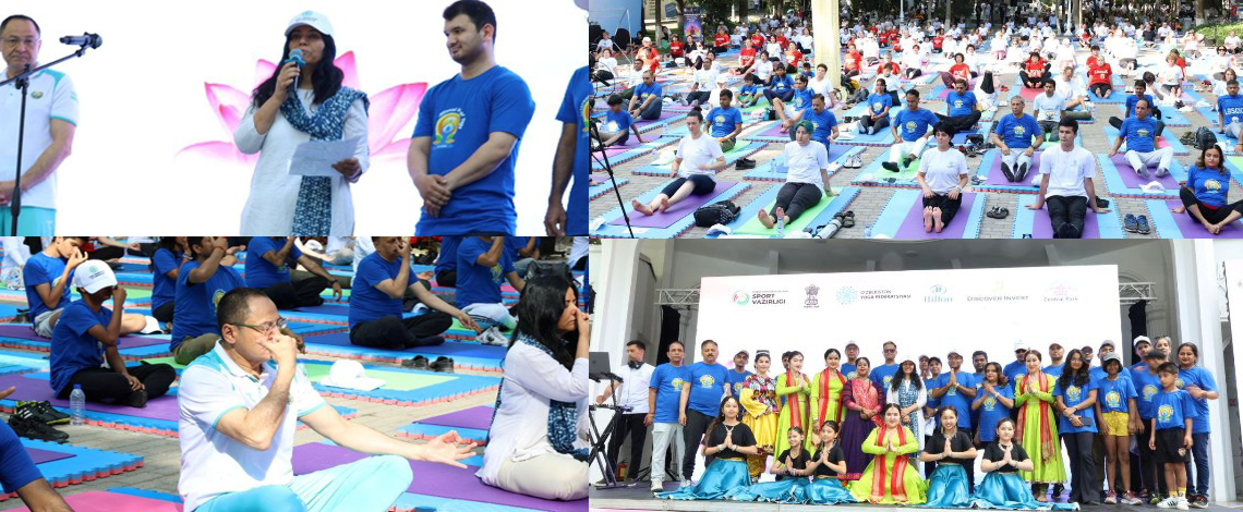 The 10th International Day of Yoga was celebrated at Central Park, Tashkent with great enthusiasm on June 21, 2024. H.E. Mr. Adkham Ikramov Sports Minister of Uzbekistan joined yoga enthusiasts to practice Yoga