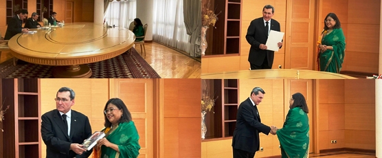 <h2>Ambassador Madhumita Hazarika Bhagat, presents a copy of her credentials to Deputy Chairman of the Cabinet of Ministers and Minister for Foreign Affairs of Turkmenistan H.E. Mr. Rashid Meredov