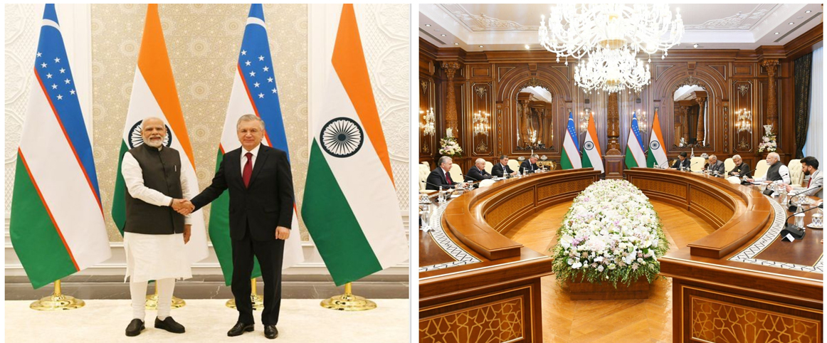 PM Narendra Modi met Uzbek President Shavkat Mirziyoyev in Samarkand and congratulated him on the success of SCO Chairmanship, 16 September 2022